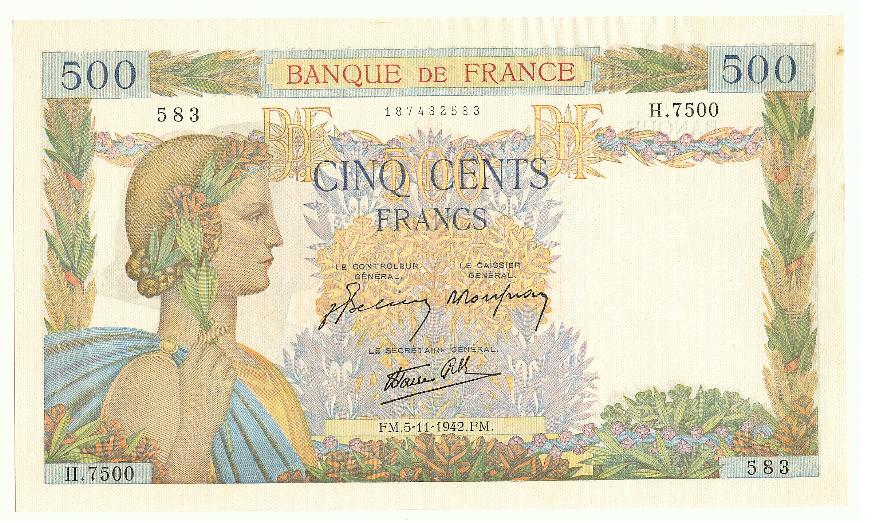 500 Francs (Peace) 5/11/1942 Unc.